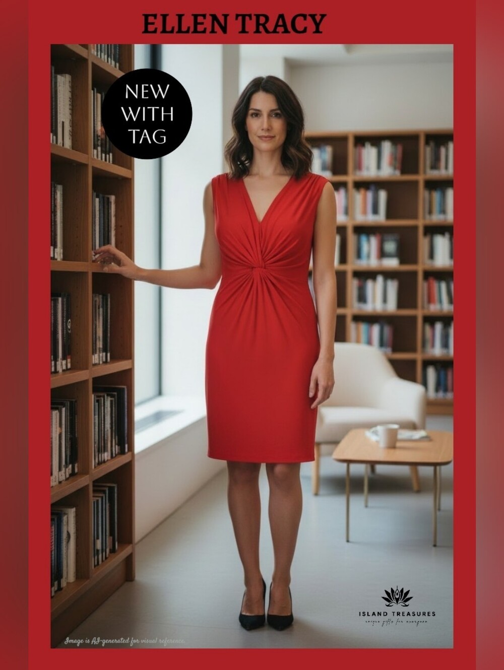 NWT Ellen Tracy Pop Red Dress Size 4 Rayon/Spandex Elegant Contoured Details